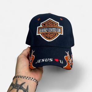 Vintage Jesus Harley Davidson orange flames navy blue gas station hat